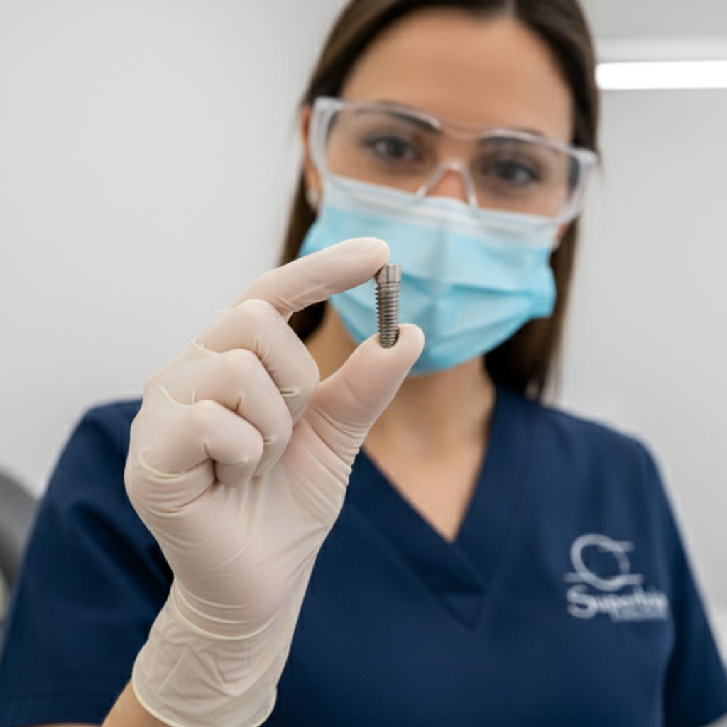 Tratamientos dentales – Implantes | Clínica Dental Superbía Odontóloga de Clínica Dental Superbía mostrando un implante dental como parte de los tratamientos dentales en Santa Cruz de Tenerife.